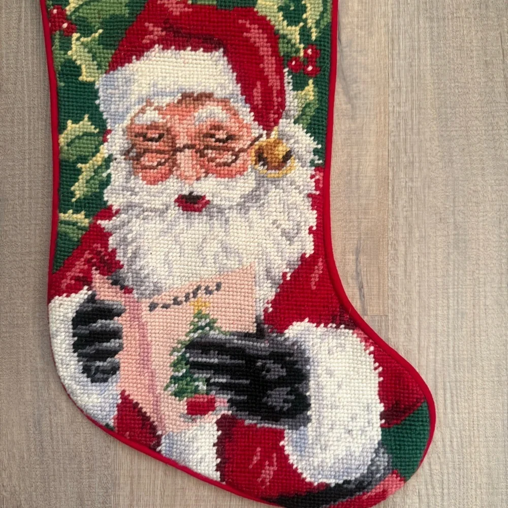 Holiday Decor Needlepoint Santa Christmas Stocking with Velvet Back